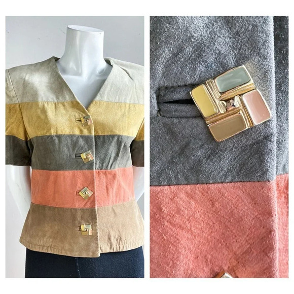 Vintage Earth Tones Colourblock Suede Button Down Cropped Short Sleeve Jacket S - Picture 1 of 7